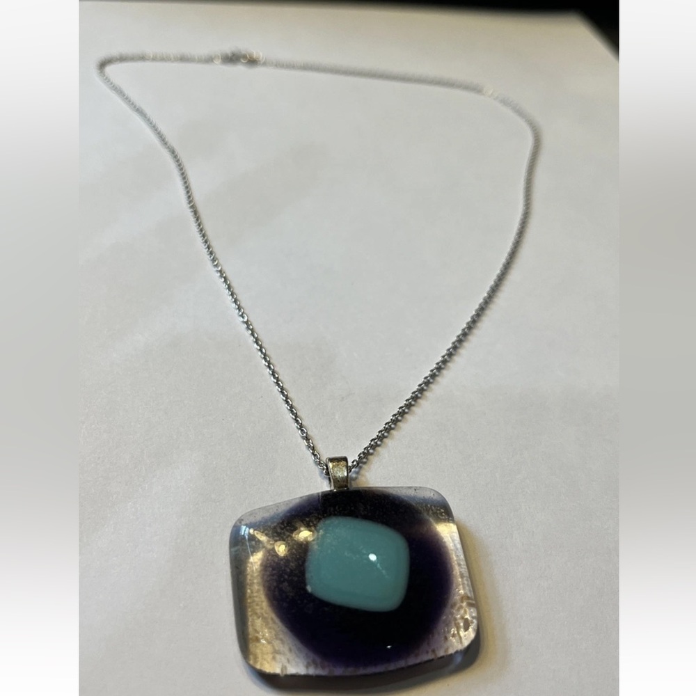 Purple & blue fused glass pendant on sterling silver chain India 18” 925